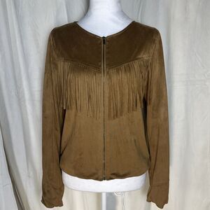 ME JANE Brown Faux Suede Western Cowgirl Long Sleeve Y2K Fringed Size Jacket Med